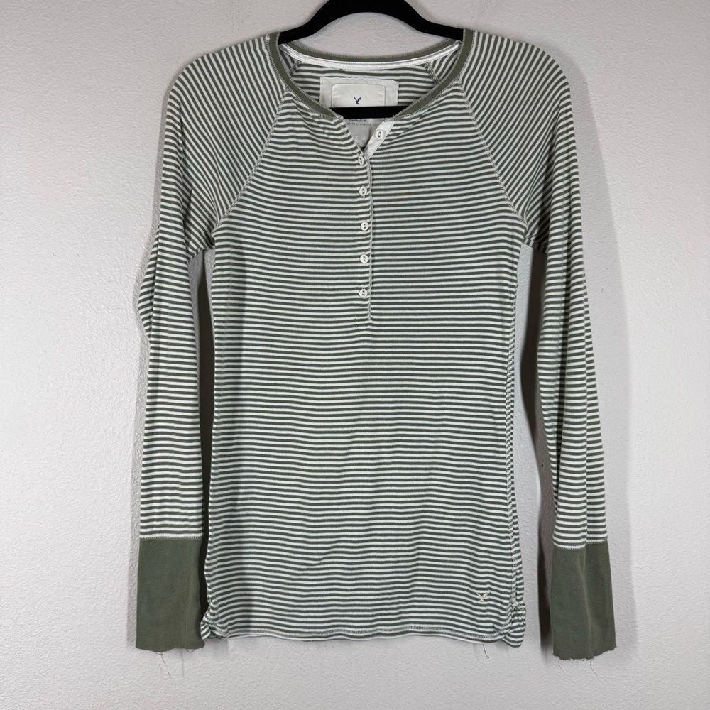 Vintage American Eagle Y2K Long Sleeve Henley Top Stripe Long Sleeve Shirt Large